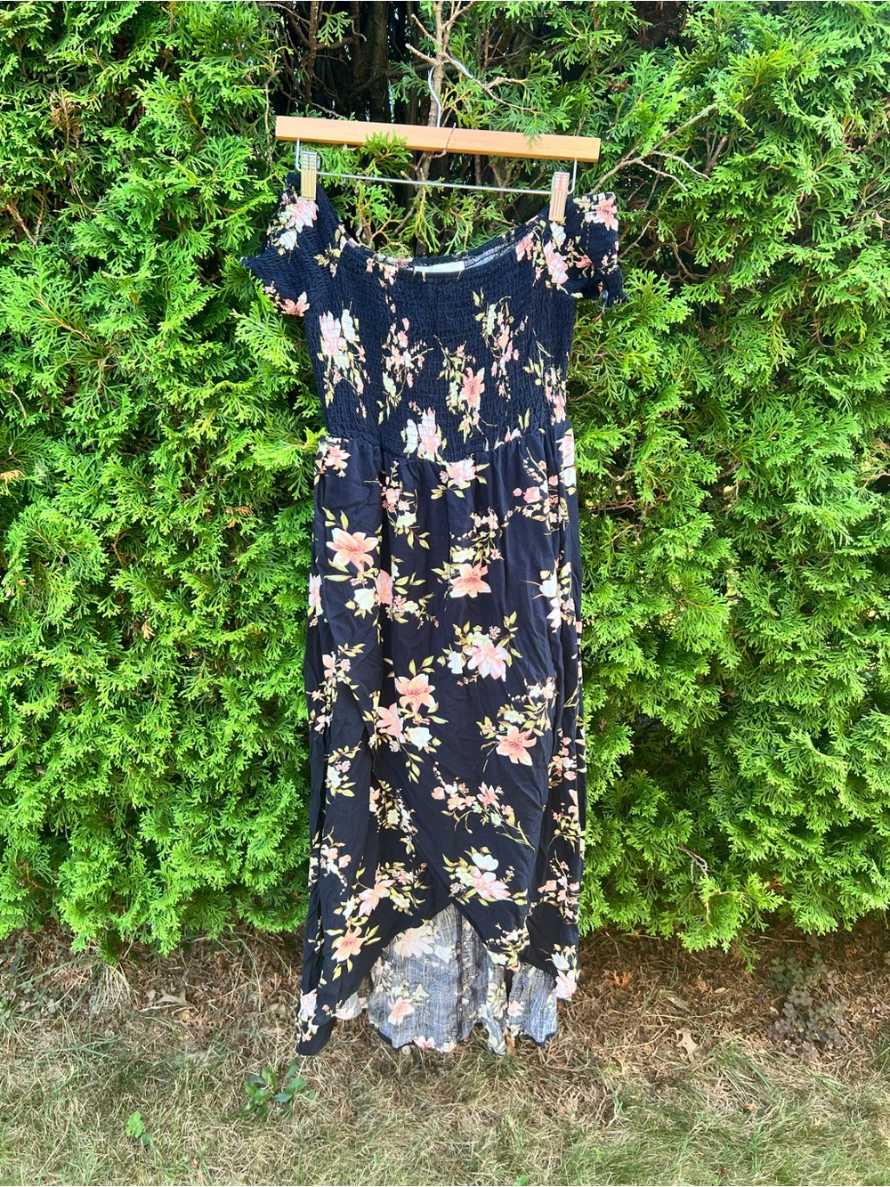 Floral High-Low Maxi Dress in Black and Pink